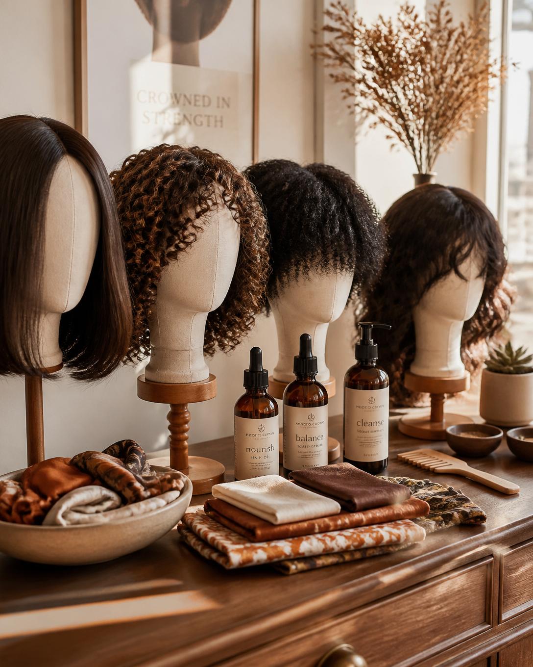 Restored Crown toolkit still life: cranial prosthesis wigs and scalp serums